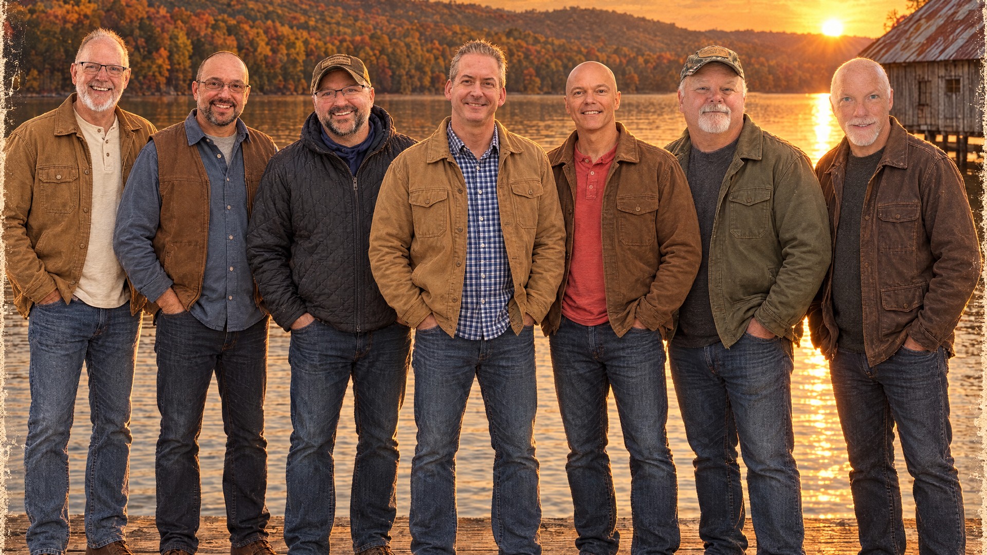 The seven band members standing on a lake dock at sunset, with a boathouse on the right